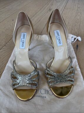Jimmy Choo Gold Glitter Open-Toe Evening Heels